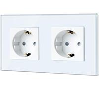 TAWOIA Schuko Socket, EU Standard Double Socket Glass Flush-Mounted Socket, Sockets with Crystal Glass Plate, Double Wall Sockets, White, 86 x 157 mm