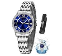 Taxau Diamond Watch for Women Blue Dial Stainless Steel Women Watch Dress Day Date Women's Roman Numerals Watch Luxury Waterproof Women Watch Relojes De Señoras