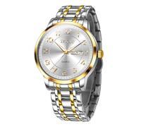 Taxau G8405G Men Watch Classic Silver Stainless Steel, White Face Silver Gold Band-G8405, ROUND, Minimalist