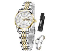 Taxau Gold Silver Two Tone Women Stainless Steel Watch Small Wrist ElegantDress Watch for Women Fashion Luxury Waterproof Day Date Analog Quartz Ladies Watches, F4 Silver Face+Two Tone Bracelet