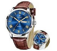 Taxau Leather Band Mens Watches with Day Date Quartz Analog Large Face Classic Watch Roman Numerals Dress Luminous Rlojes para Hombres, Brown Leather Strap Blue Face-G8408P, ROUND, men dress watch