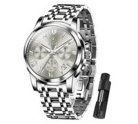 Taxau Men's Stainless Steel Watches, Silver Gold Chronograph Big Face Easy to Read Watch for Men Date, Classic Analog Quartz Roman Numeral Men Dress Watch, Waterproof Luminous Casual Men Watch, Gray