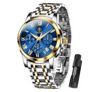 Taxau Men's Stainless Steel Watches, Silver Gold Chronograph Big Face Easy to Read Watch for Men Date, Classic Analog Quartz Roman Numeral Men Dress Watch, Waterproof Luminous Casual Men Watch, Blue
