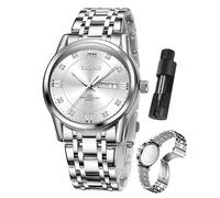 Taxau Men's Watch, Big Face Easy to Read Silver Gold Stainless Steel Men Quartz Watch with Day Date, Luxury Diamond Roman Numeral Waterproof Men's Dress Watch, D1 Silver Face+Silver Band, standard,
