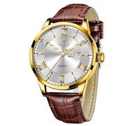 Taxau Men's Watch Leather Strap Black Leather with Day and Date Watch Men's Quartz Big Face Waterproof Gift for Men, 8408-brown band white dial, round