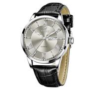 Taxau Men's Watch Leather Strap Men's Watch Black Leather with Day and Date Watch Men's Quartz Big Face Waterproof Gift for Men, 8408-Black Band Grey Dial, round