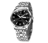 Taxau Stainless Steel Mens Watches with Day Date Analog Large Face Classic Watch Arabic Numerals Luminous Rlojes para Hombres Quartz Dress, Silver Strap Black Face-G8411G, ROUND, men dress watch