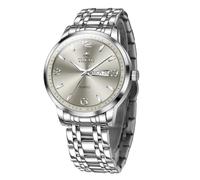 Taxau Stainless Steel Mens Watches with Day Date Analog Large Face Classic Watch Arabic Numerals Luminous Rlojes para Hombres Quartz Dress, Silver Strap Grey Face-G8411G, ROUND, men dress watch