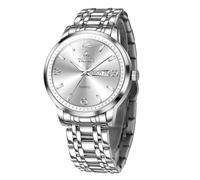 Taxau Stainless Steel Mens Watches with Day Date Analog Large Face Classic Watch Arabic Numerals Luminous Rlojes para Hombres Quartz Dress, Silver Strap White Face-G8411G, ROUND, men dress watch