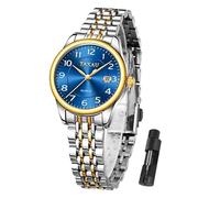 Taxau Stainless Steel Waterproof Luxury Classic Arabic Digital Dial Easy to Read Watch Woman, Gold Silver Bracelet Blue Dial L8863G, round