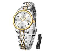 Taxau Stainless Steel Waterproof Luxury Classic Arabic Digital Dial Easy to Read Watch Woman, Gold Silver Bracelet White Dial L8863G, round