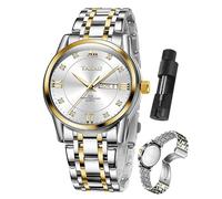 Taxau Watch Men Stainless Steel Luxury Diamond Chronograph with Date Business reloj de Hombre, D2 Silver Face+Silver Gold Band, Standard, dress
