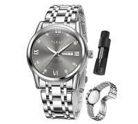 Taxau Watch Men Stainless Steel Luxury Diamond Chronograph with Date Business reloj de Hombre, D3 Gray Face+Silver Gold Band, Standard, dress