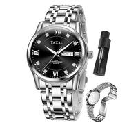 Taxau Watch Men Stainless Steel Luxury Diamond Chronograph with Date Business reloj de Hombre, D4 Black Face+Silver Band, Standard, dress