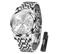 Taxau Watch Men Stainless Steel Luxury Diamond Chronograph with Date Business reloj de Hombre, White Dial+Silver Band, Standard, casual