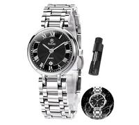 Taxau Women's Watch Dress Luxury Waterproof Elegant Vintage Stainless Steel Analog Quartz with Day Date Small Womens Wrist Watch Reloj Mujer, Silver Band Black Face-8105, ROUND, women dress watch