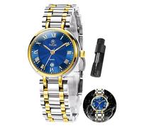 Taxau Women's Watch Dress Luxury Waterproof Elegant Vintage Stainless Steel Analog Quartz with Day Date Small Womens Wrist Watch Reloj Mujer, Gold Silver Band Blue Face-8105, ROUND, women dress watch