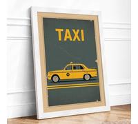 Taxi Cab Poster Vintage Framed Wall Art Print A4 (29.7×21cm) White, Wall Decor for Living Room, Bedroom, Office & Home, Ready to Hang, Art Gift