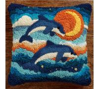 Taxpy 3D DIY Latch Hook Kits -Two Dolphins and The Moon 17X17 Inch with Colorful Printed Canvas,Beginners Animals Latch Hook Pillow Kit,Fit for Christmas, Halloween,Home Sofa Decoration