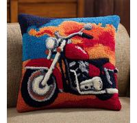 Taxpy 3D Pillow Latch Hook Embroidery Kits Retro Motorcycles DIY Pillow Materials Package Crocheting Rug Yarn Cushion Embroidery Set Fit for Beginners Embroidery Kit Pillowcase Cushion 43X43Cm