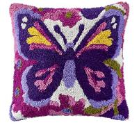 Taxpy Animal Cross Stitch Latch Hook Sofa Cushion Cover,Purple Butterfly,3D Pre-Printed Pillow Case Latch Hook Embroidery Pillow Cover Kits with All Tool Fit for Kids and Adults,17X17Inch