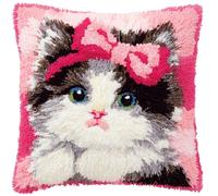 Taxpy Animal Latch Hook Cushion Kit, Cute Kitten with A Pink Bow Knitting Kits Cushion, 43X43Cm/17X17 Inch Rug Making Kit for Starters, Latch Hook Kits for Beginners Adults Or Children