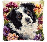 Taxpy Animal Latch Hook Kit Cushion,Border Collie and Flowers,17X17Inch Pre-Printed DIY Pillow Materials Hooks Knitted Embroidered Pillow Embroidery Latch Hook Carpet for Adults