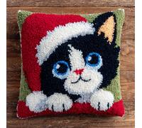 Taxpy Animal Latch Hook Kit Cushion for Adults,Big-Eyed Cat Wearing A Christmas Hat 17X17Inch,DIY Pre-Printed Craft Latch Hook Rug Kits Cross-Stitch Embroidery Pillow Cover Kit for Christmas/S HOM