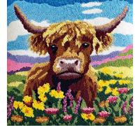 Taxpy Animal Latch Hook Kit Cushion for Adults,Highland Cattle at Sunset 17X17Inch,DIY Pre-Printed Craft Latch Hook Rug Kits Cross-Stitch Embroidery Pillow Cover Kit for Christmas/Gifts Home Sofa