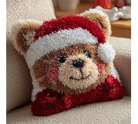 Taxpy Animal Latch Hook Kit Cushion for Adults,Little Cute Bear in Santa Hat 17X17Inch,DIY Pre-Printed Craft Latch Hook Rug Kits Cross-Stitch Embroidery Pillow Cover Kit for Christmas/Home S