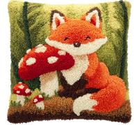 Taxpy Animal Latch Hook Kit Cushion,Fox On Mushroom,17X17Inch Pre-Printed DIY Pillow Materials Hooks Knitted Embroidered Pillow Embroidery Latch Hook Carpet for Kids Adults