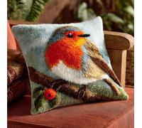 Taxpy Animal Latch Hook Kit Cushion,Robin On A Branch,17X17Inch Pre-Printed DIY Pillow Materials Hooks Knitted Embroidered Pillow Embroidery Latch Hook Carpet for Kids Adults