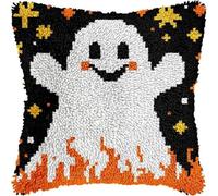 Taxpy Cartoon Spooky Ghost Latch Hook Cushion Kits Pillow Cover Pattern Printed Canvas Knitted Hooking Pillowcase Cushions with Zipper Crafts Crochet Home Decor DIY Kits 17x17 in/43x43 cm