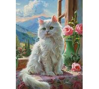 Taxpy DIY Bead Embroidery Kits Cartoon White Cat and Flowers Beaded Cross Stitch Beading Embroidery DIY Wall Hanging 3D Bead Set 30x40cm