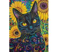 Taxpy DIY Beaded Cross Stitch Kit Black Cat Animal and Sunflower Flowers DIY Bead Needlepoint Beaded Stitching Cross Stitch Kits Embroidery Set 60x80cm