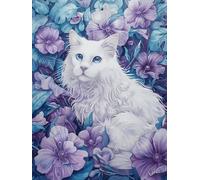 Taxpy DIY Beaded Cross Stitch Kit Fantasy White Cat and Purple Flowers Beaded Cross Stitch Beads Embroidery Kit Needlepoint Handcraft Arts 30x40cm