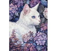 Taxpy DIY Beaded Cross Stitch Kit Fantasy White Cat and Purple Flowers DIY Bead Embroidery Craft Kit for Beginners Cross Stitch Needlework Set 60x80cm