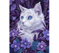 Taxpy DIY Beaded Embroidery Kits Fantasy White Cat and Purple Flowers Beaded Cross Stitch Kits Beading Pattern Needlework Embroidery Handcraft Kit 50x70cm