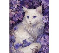 Taxpy DIY Beaded Embroidery Kits White Cat Animal and Purple Flowers DIY Bead Needlepoint Beaded Stitching Cross Stitch Kits Embroidery Set 30x40cm