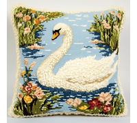 Taxpy DIY Latch Hook Cushion Cover Kit,White Swan,17x17in Soft Yarn Craft Project for Adults,Fun Handmade Hobby for Relaxing and Home Decoration