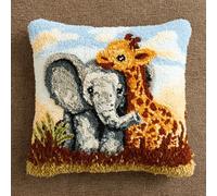 Taxpy DIY Latch Hook Cushion Kit with Baby Elephant and Giraffe Design - Includes Nylon Yarn & Printed Pillowcase,Easy-to-Follow Pattern for Beginners.43x43 CM Cozy Home Decor and Craft Gifts