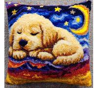 Taxpy DIY Latch Hook Kits 17X17 Inch, Puppy Under The Night Sky Pattern Printed Throw Pillow Case Cushion Cover - Home Decoration Crochet Needlework Crafts with Latch Hook Tool for Kids and Adults