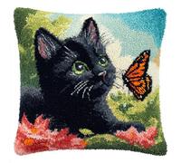 Taxpy DIY Latch Hooking Pillow Kits, Cats, Flowers and Butterflies Pillow Cover Preprinted Throw Pillow Needlework Crochet Yarns Latch Hook Cushion Making17x17inch