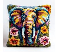 Taxpy Elephant Portrait in Flowers Latch Hook Pillow Kit 43x43cm, Beginner-Friendly DIY Crochet Cushion Cover with Printed Pattern, Home Decor Craft Pillowcase
