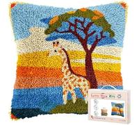 Taxpy Latch Hook Cushion Kit Cute Giraffe and Tree and Sunset Pattern, DIY Crochet Pillow Kit for Beginners, Pre-Printed Canvas, Cushion Cover Craft Set 43 x 43 cm-1