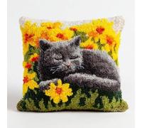 Taxpy Latch Hook Cushion Kit DIY 43x43cm Grey Cat Sleeping On Yellow Flowers, Beginner Crochet Rug Kit with Pre-Printed Canvas & Yarn, Pillowcase Craft Set for Home Decor