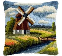 Taxpy Latch Hook Cushion Kits, Windmill and Canal Latch Hook Pillow Case Kits Embroidery Kits Carpet Set17X17Inch, DIY Needlework Pillow Cover Sofa Cushion Rug Making Kits, DIY Craft Kits (43X43 C