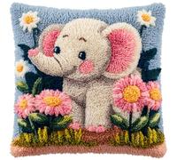 Taxpy Latch Hook Kit DIY Throw Pillow Cover Little Elephant and Flowers Pattern Sofa Cushion Cover Paint Cross Stitch 17X17Inch
