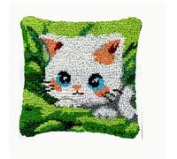 Taxpy Latch Hook Kit - White Kitten On Grass with Green Foliage, 43x43 Cm Handmade Crochet Yarn Embroidery Pillowcase, All-Season Home Decor, Easy-to-Follow Craft Kit,Crafting Supplies