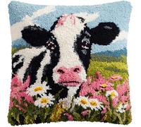 Taxpy Latch Hook Kits,Cows and Flowers 17X17 DIY Pillowcase Hook and Latch Kit, Handmade Needlework Cushion Cover, Crochet Sofa Decoration, Relaxing Craft Activity
